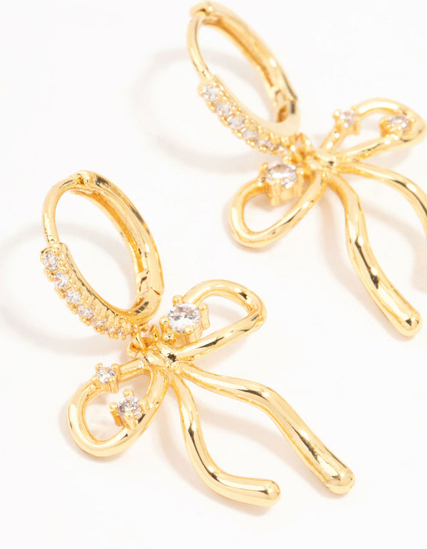 Gold Plated Cubic Zirconia Speckled Bow Huggie Earrings