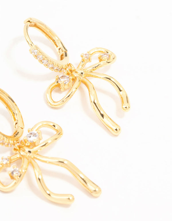 Gold Plated Cubic Zirconia Speckled Bow Huggie Earrings