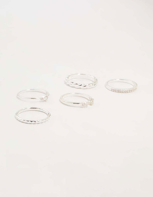 Showcasing silver plated dainty diamante stacking rings 5-pack front view