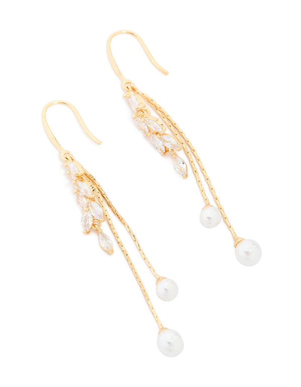 Gold Plated Cubic Zirconia Pearl Leaf Drop Hook Earrings