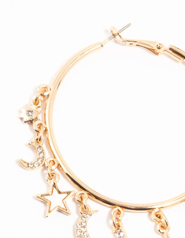 Gold Celestial Diamante Large Charm Hoop Earrings