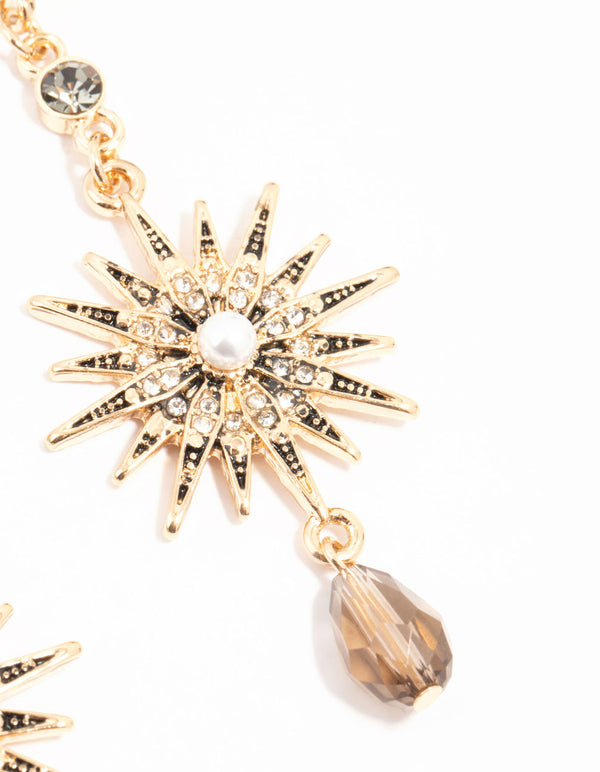 Gold Pearl & Diamante Celestial Drop Earrings