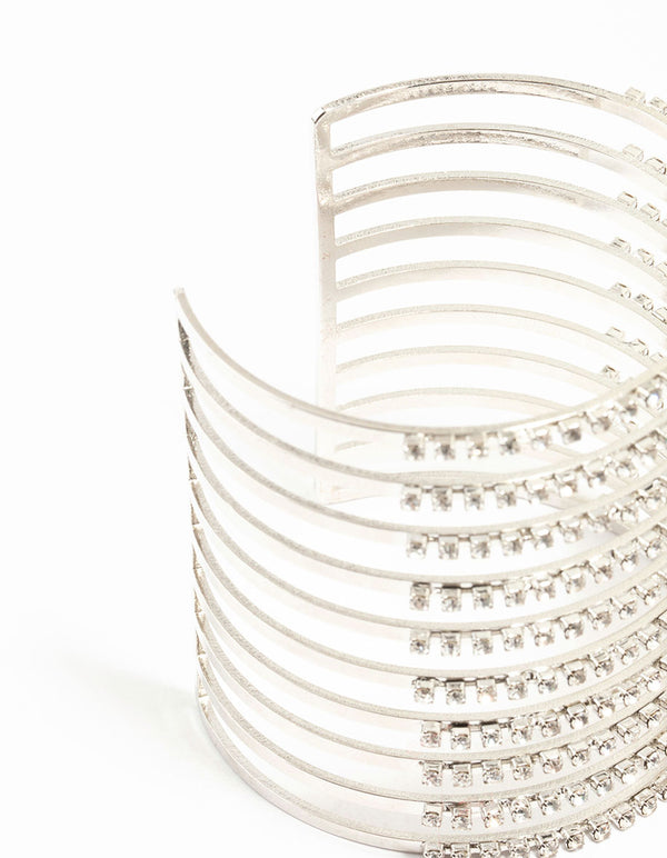 Silver Diamante Multirow Band Cage Wrist Cuff