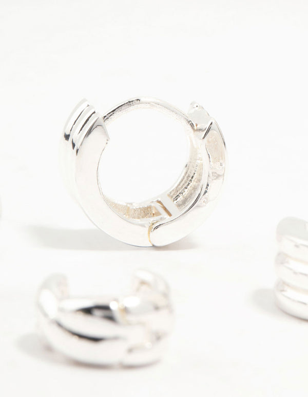 Silver Plated Brass Trio Ribbed & Rope Earrings 3-Pack