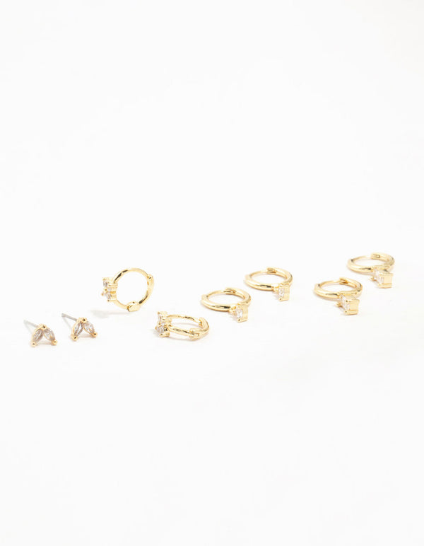 Gold Plated Brass Brass Cubic Zirconia Hoop Earrings 4-Pack