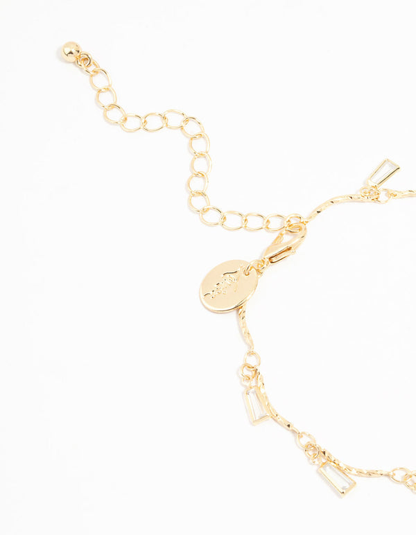 Gold Plated Brass Cubic Zirconia Baguette Charm Bracelet
