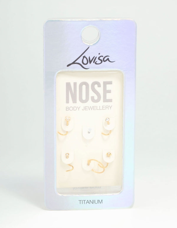 Gold Plated Titanium Mixed Cubic Zirconia Nose Piercings 6-Pack