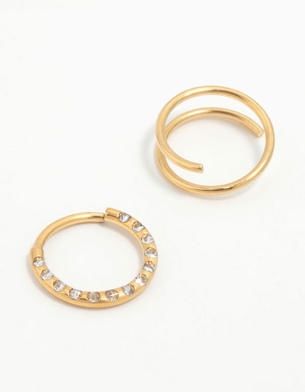 Gold Plated Titanium Cubic Zirconia & Spiral Nose Rings 2-Pack