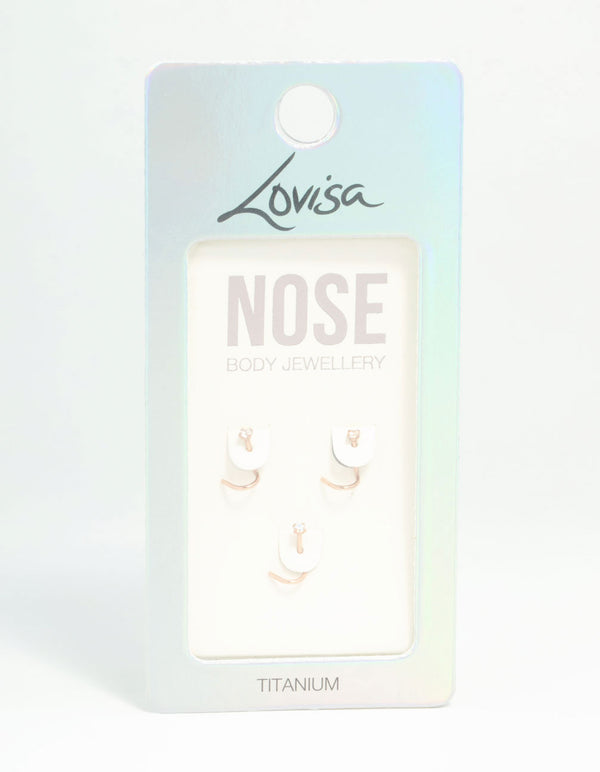 Rose Gold Plated Titanium Light Stone Nose Studs 3-Pack