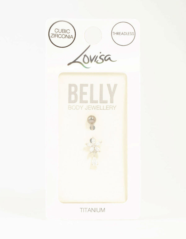 Titanium Cubic Zirconia Flower Belly Bar