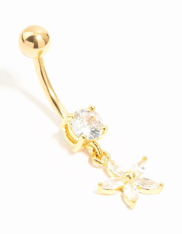 Gold Plated Titanium Cubic Zirconia Flower Drop Belly Bar