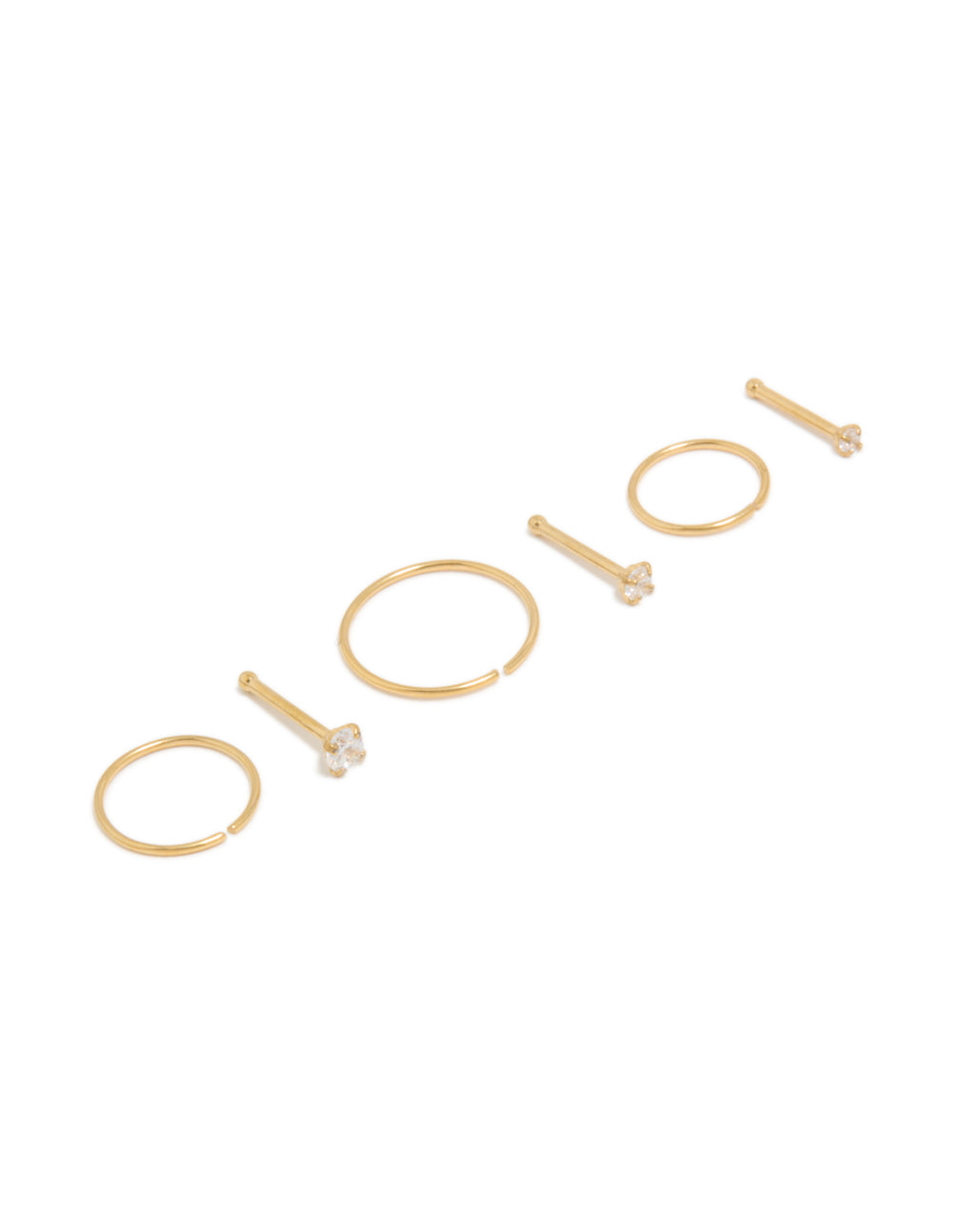 Showcasing gold plated titanium nose studs and rings with cubic zirconia in a 6-pack front view