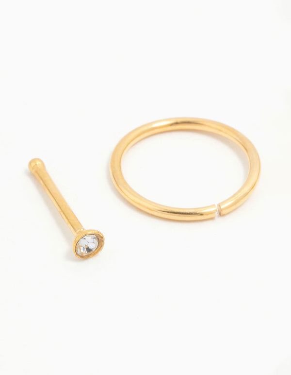 Gold Plated Titanium Ball & Diamante Nose Stud & Ring 3-Pack