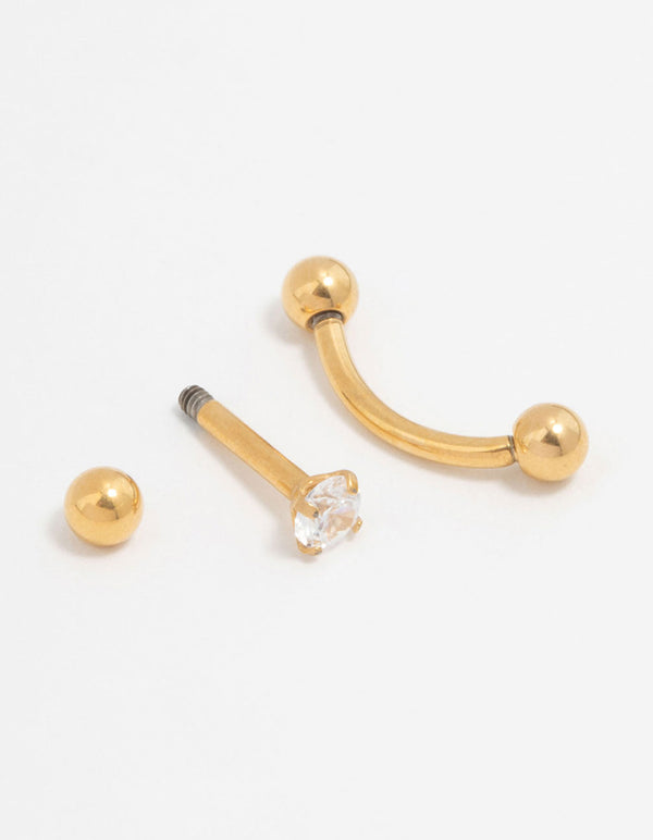 Gold Plated Titanium Ball & Cubic Zirconia Barbell 2-Pack