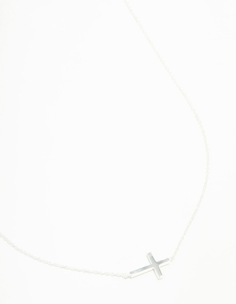 Sterling Silver Large Horizontal Cubic Zirconia Cross Necklace