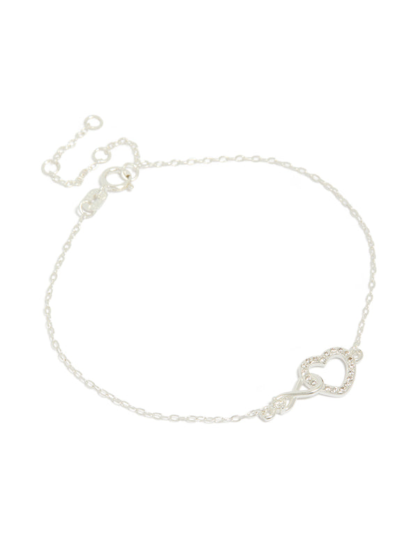 Beautifully crafted sterling silver infinity and cubic zirconia heart link bracelet in silver front view