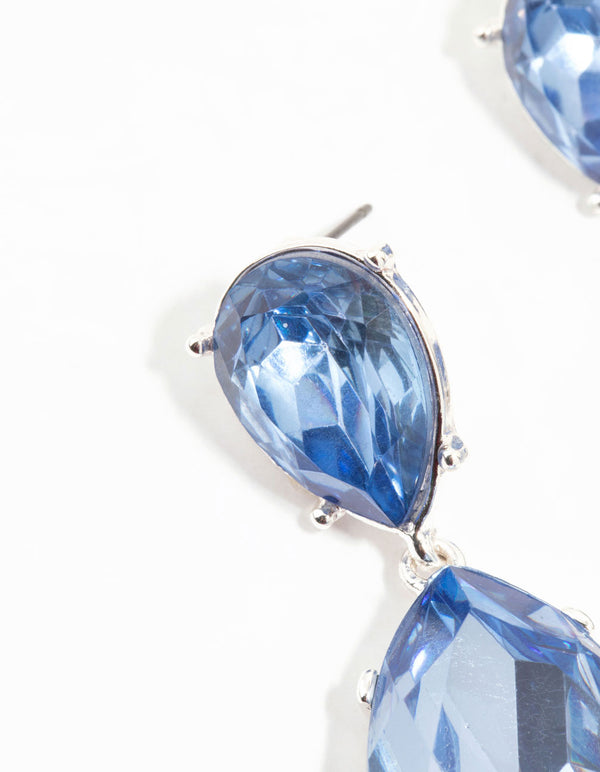 Silver Double Blue Diamante Teardrop Earrings