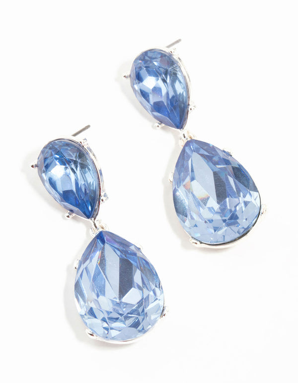 Silver Double Blue Diamante Teardrop Earrings
