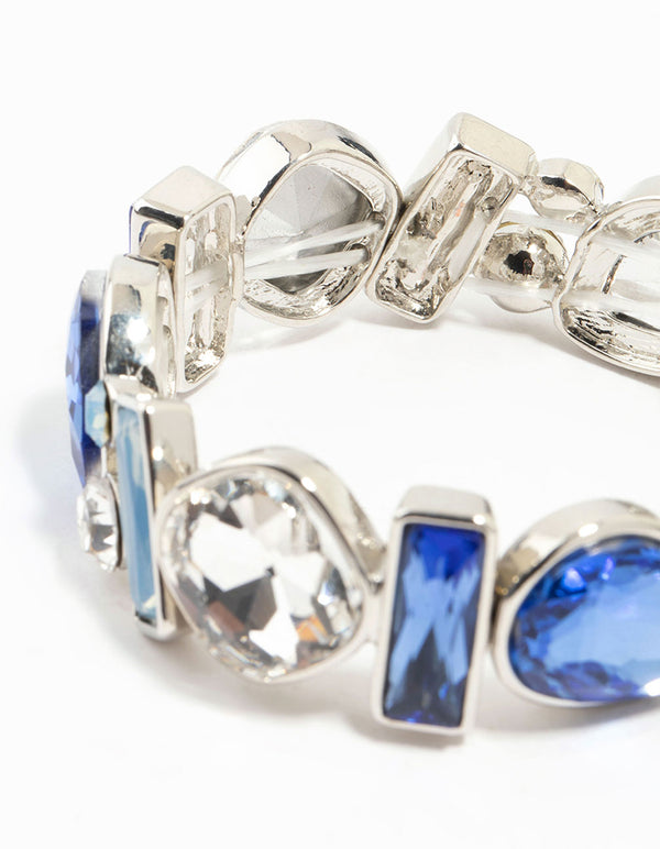Silver Mixed Shape Blue Diamante Stretch Bracelet