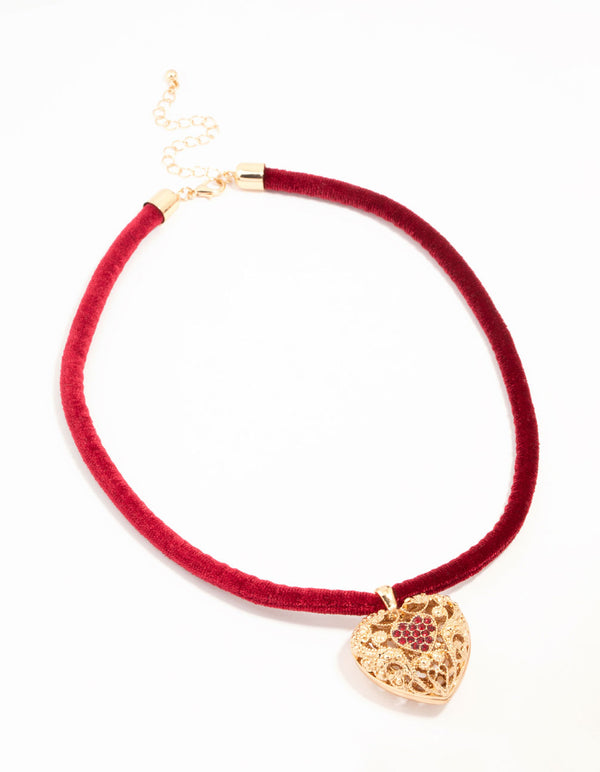 Red Velvet Fabric Heart Locket Pendant Necklace