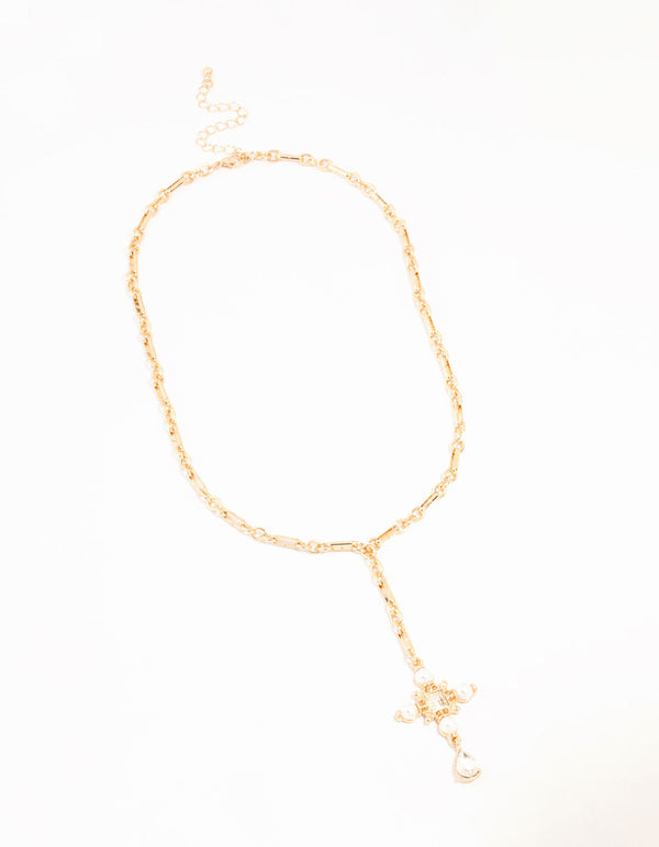 Gold Cross & Pearl Y-Necklace