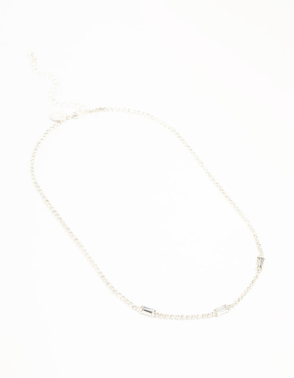 Silver Cupchain Baguette Cut Diamante Station Necklace