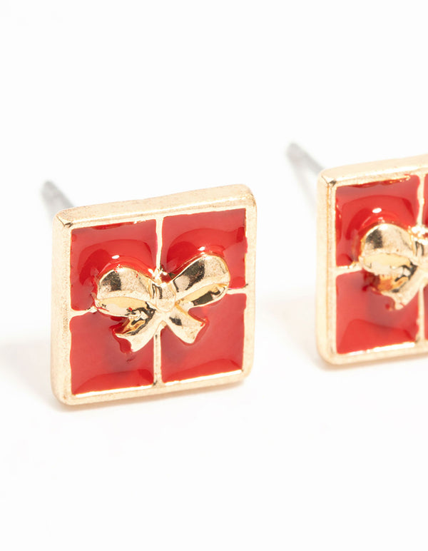 Red Enamel Present Gold Stud Earrings