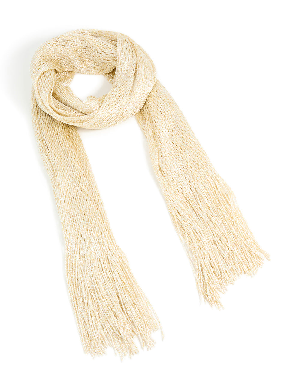 Beautifully crafted cream draped fabric long scarf with tassel detail in solid wheat and beige tones front view