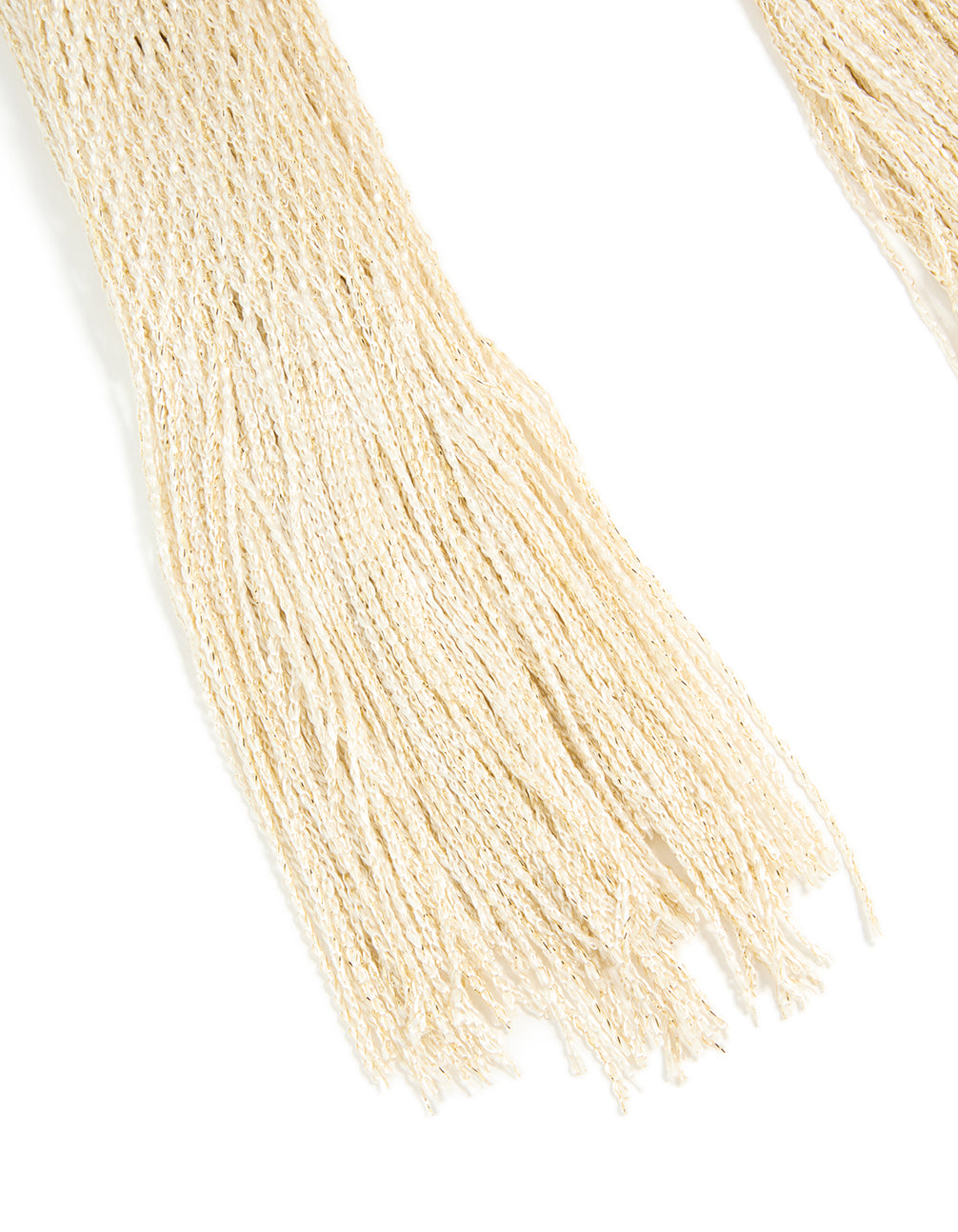 Featuring cream draped fabric long scarf with tassel detail in solid wheat and beige shades detail view