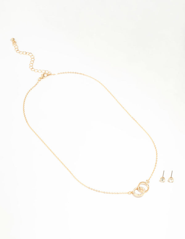 Gold Linked Circle Necklace & Stud Earrings Set