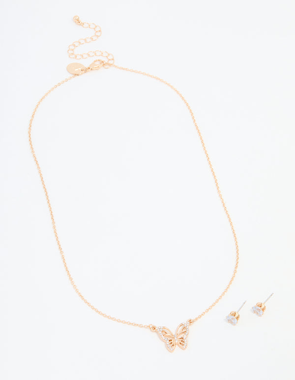 Gold Cubic Zirconia Butterfly Necklaces & Stud Earrings Pack