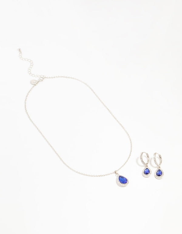 Silver Blue Diamante Halo Necklace & Huggie Earrings Set