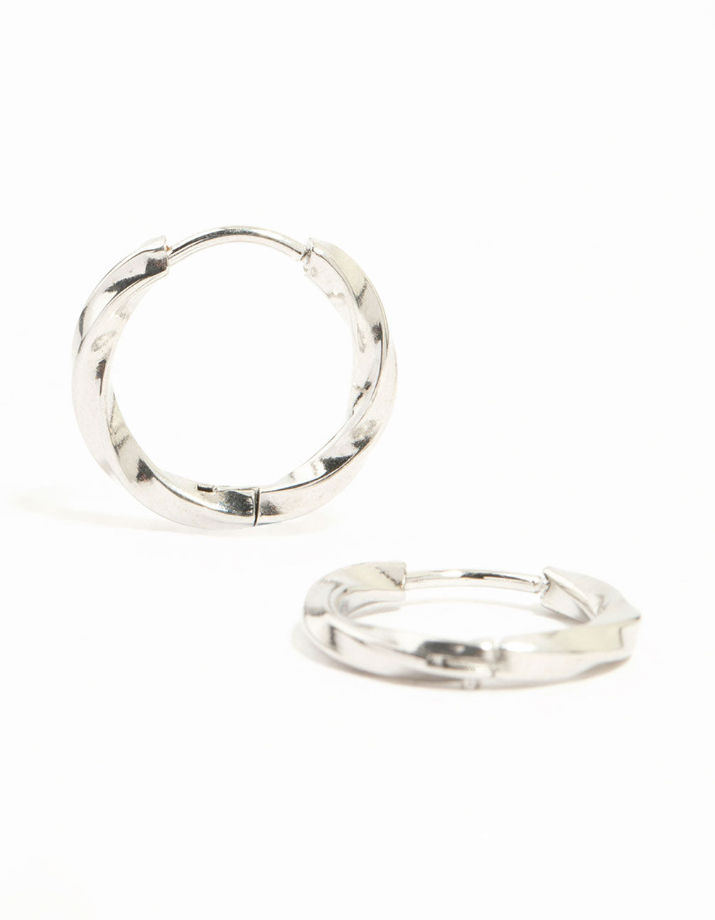 Showcasing waterproof stainless steel twisted hoop earrings in silver front view