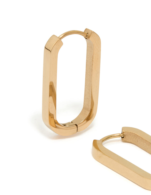 Crafted from waterproof gold plated stainless steel oblong hoop earrings in gold close up view
