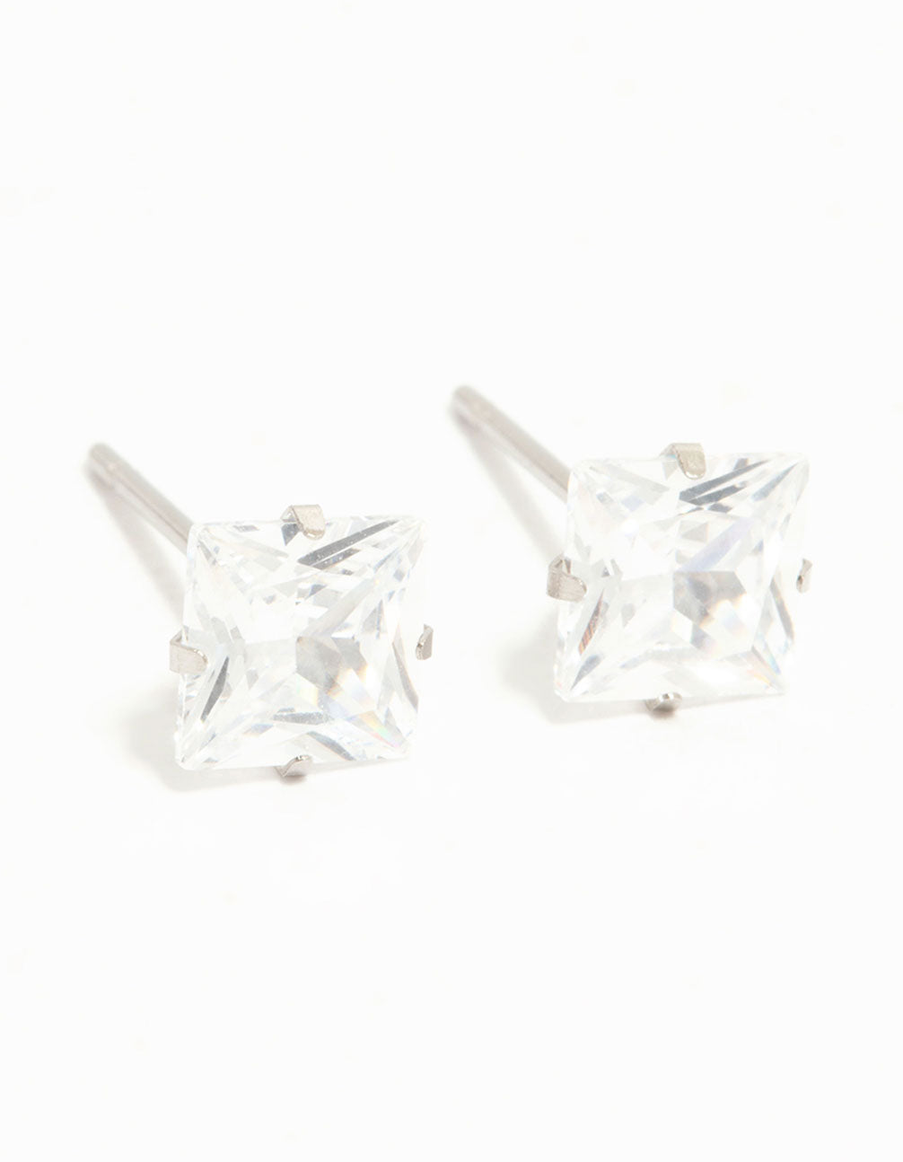 Discover waterproof diamante stainless steel stud earrings with princess cut stones in silver and clear front view