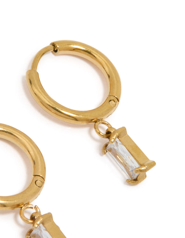 Waterproof Gold Plated Stainless Steel Baguette Diamante Huggie Earrings