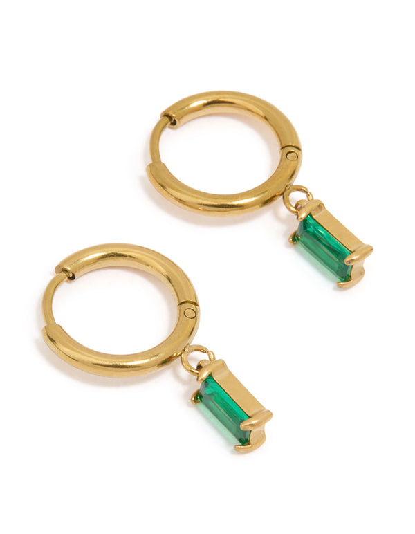 Showcasing waterproof gold plated stainless steel huggie earrings with green baguette stone cut front view