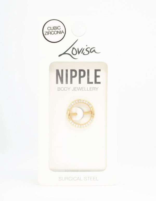 Gold Plated Surgical Steel Pave Cubic Zirconia Hoop Nipple Ring