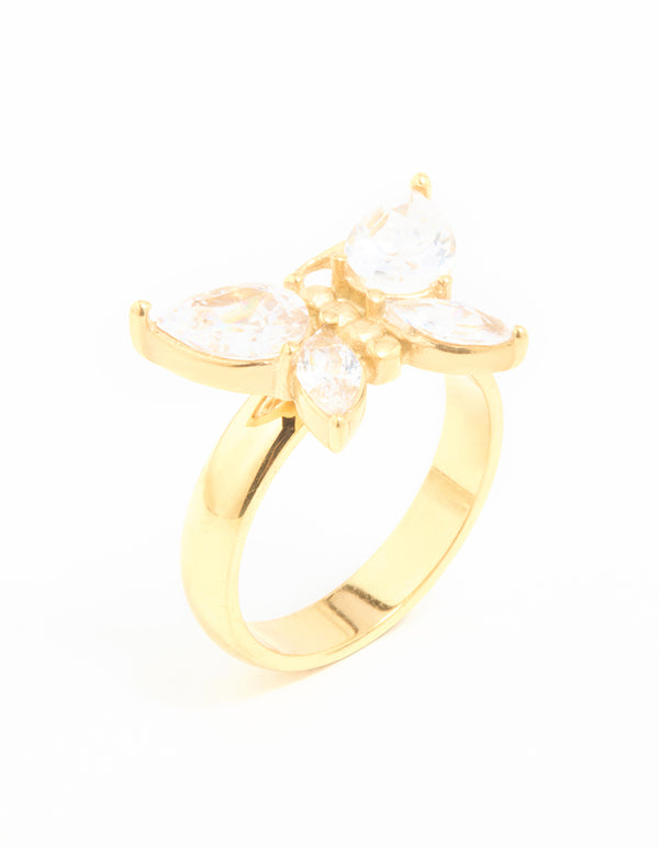 Waterproof Gold Plated Stainless Steel Cubic Zirconia Butterfly Statement Ring