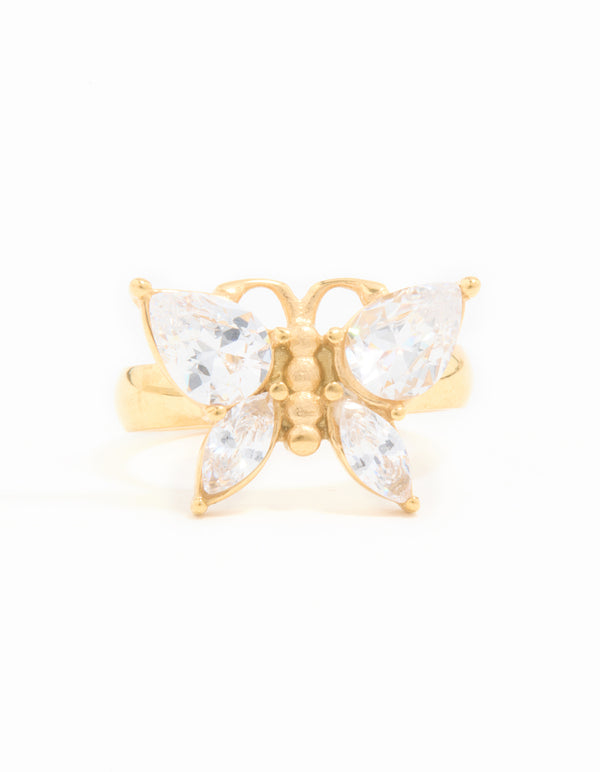 Waterproof Gold Plated Stainless Steel Cubic Zirconia Butterfly Statement Ring