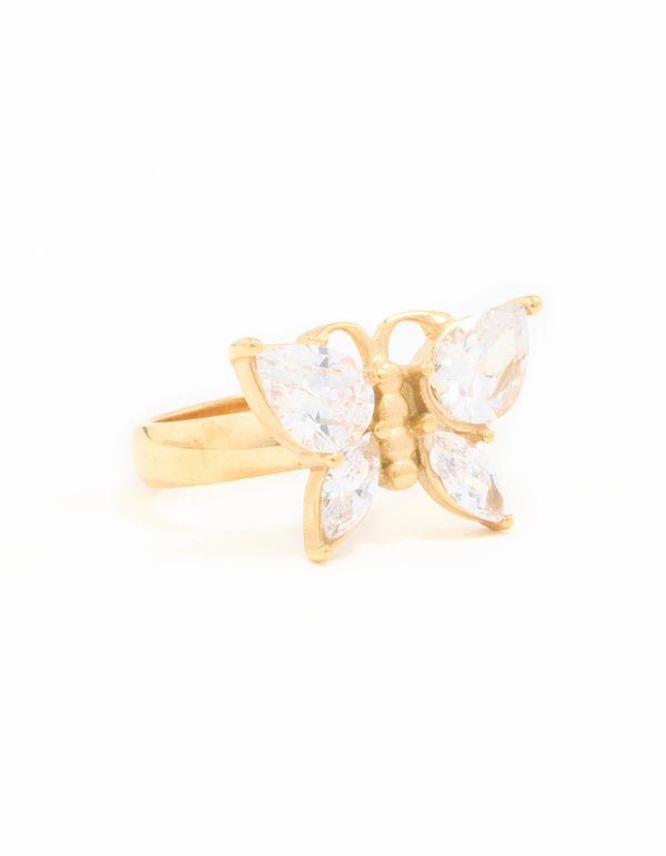 Waterproof Gold Plated Stainless Steel Cubic Zirconia Butterfly Statement Ring