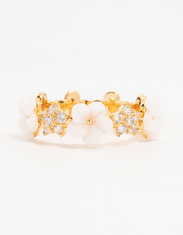 Gold Plated Alternating Flower Cubic Zirconia Band Ring