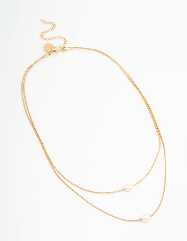 Waterproof Gold Plated Stainless Steel Layered Pearl Pendant Necklace