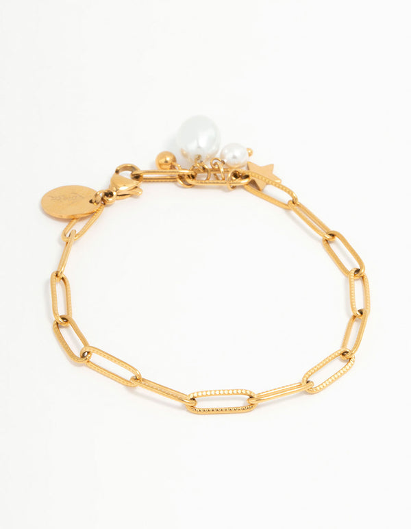 Beautifully crafted waterproof gold plated stainless steel bracelet featuring celestial star charm with pearl accents front view