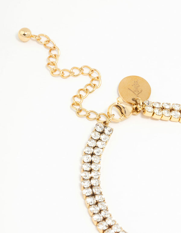 Crafted with waterproof gold plated stainless steel diamante layered tennis bracelet closure detail view