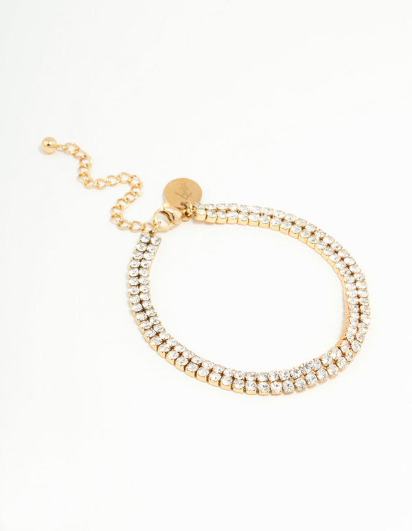 Discover this waterproof gold plated stainless steel diamante layered tennis bracelet front view
