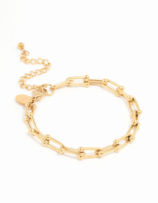 Showcasing a waterproof hardware chain bracelet crafted from gold plated stainless steel front view