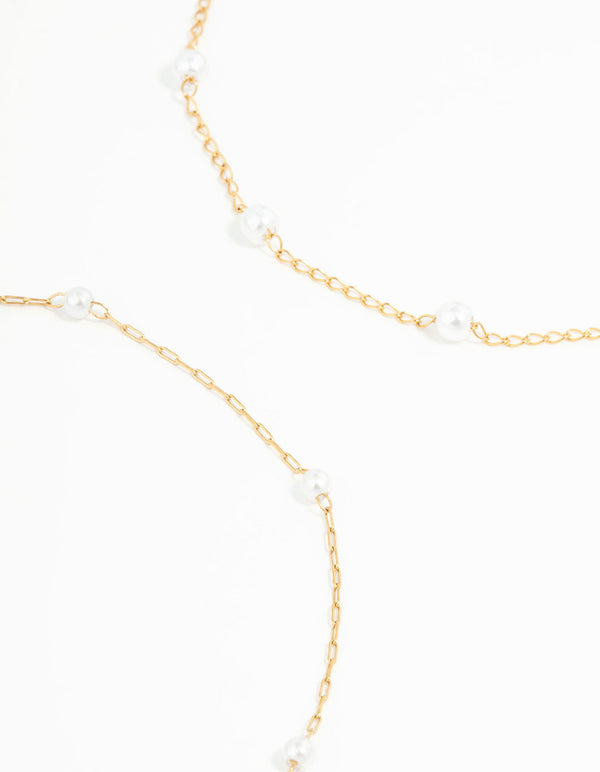 Showcasing waterproof station anklets with pearl accents in gold plated stainless steel 2-pack side view