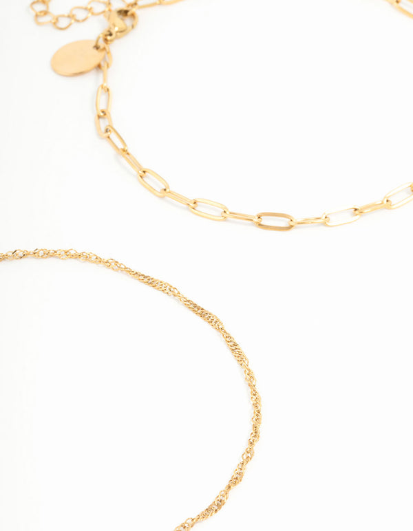Explore waterproof gold plated stainless steel mixed chain anklets in a 2-pack in a dainty design detail view