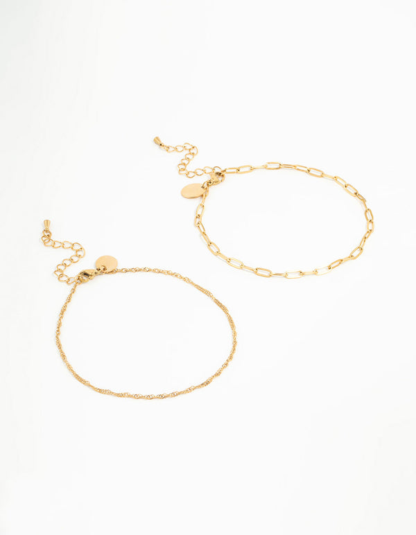 Discover waterproof gold plated stainless steel mixed chain anklets in a 2-pack in a dainty style front view